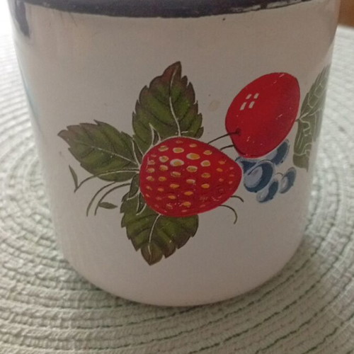 Vintage enamel mug used, Soviet Union 1960-70, breakfast cup