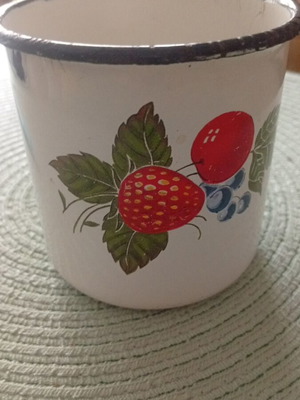 Vintage enamel mug used, Soviet Union 1960-70, breakfast cup