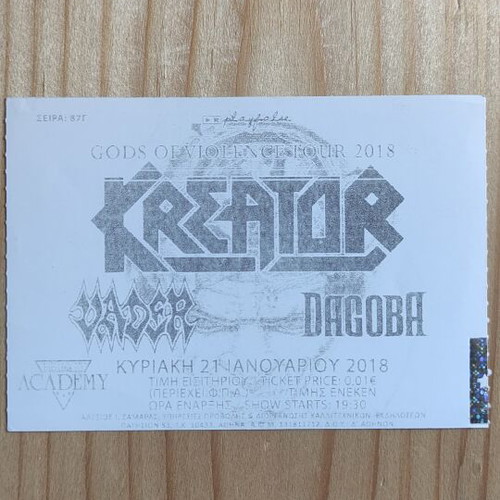 Kreator Vader Dagoba Concert Ticket like new 21-1-2018