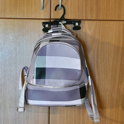 Women's backpack bag new, gray and purple faux leather