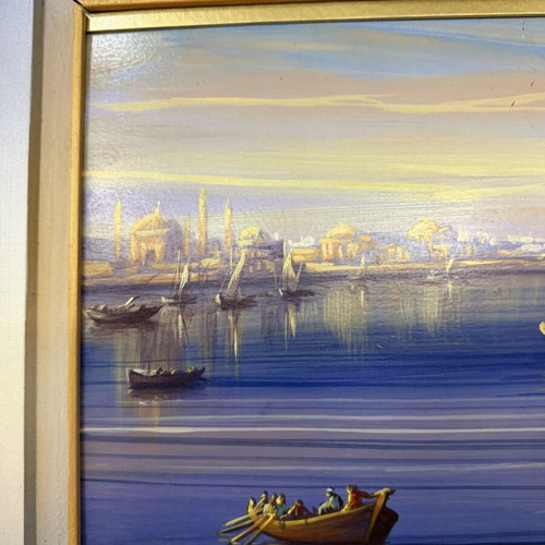 D. Nalbantis oil painting with wooden frame, view of Constantinople