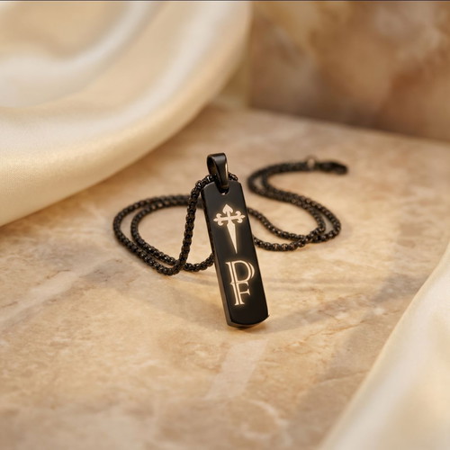 Necklace with Personalized Engraving in Black Stainless Steel New