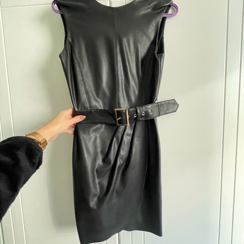 black leather dress short sleeve Faux Leather Mini Dress with Puff Sleeves Black / L main image 1