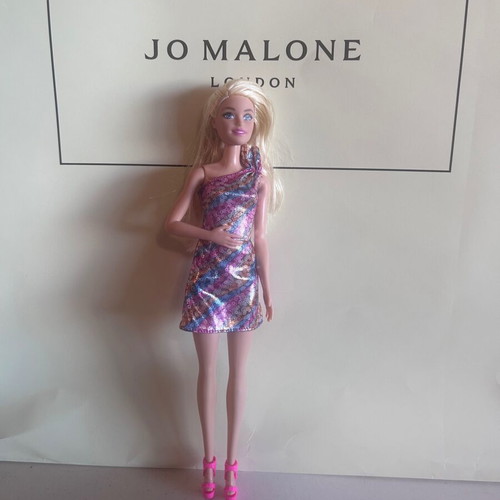 Barbie Fashionistas Party Glam doll with metallic multicolor dress and fuchsia heels, Mattel