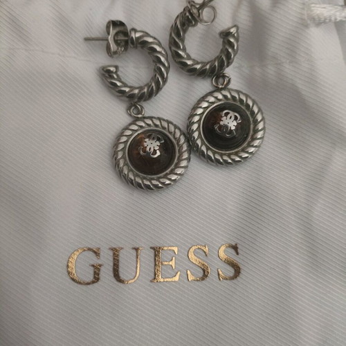 Guess earrings silver with brown stone, new