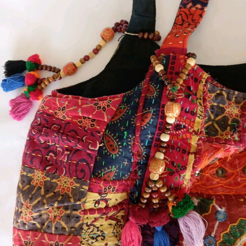 Patchwork cotton crossbody bag new, burgundy with patterns