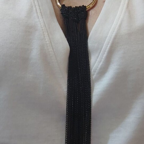 Long gold necklace with black chains new, heavy piece