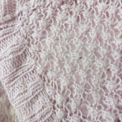 Handmade knitted cardigan like new, oversize, pink, wool blend with mohair