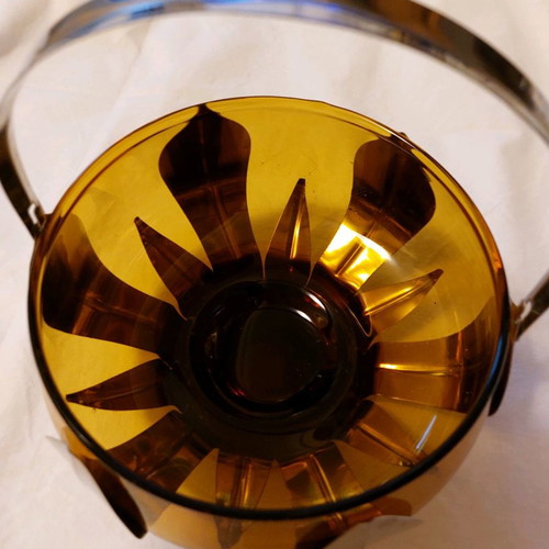 Fondue pot used 14×9 cm honey crystal with silver-plated basket