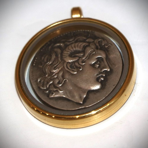 Pendant ancient coin Alexander the Great in glass case 22K gold plated
