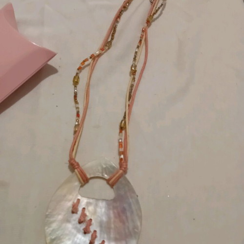 Handmade necklace with large mother of pearl pendant in orange and green like new