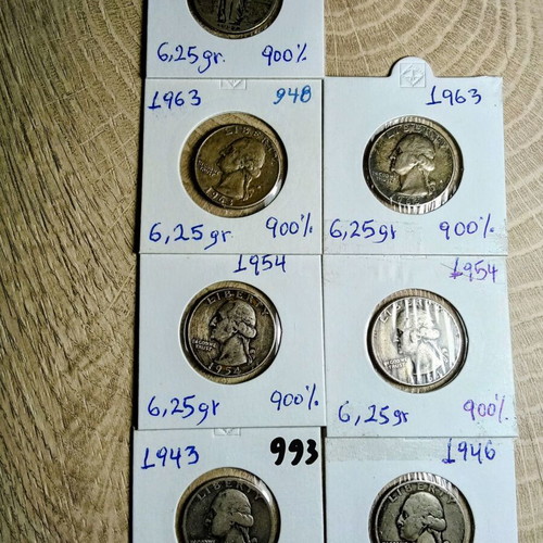 Quarter dollar used, various dates, 900 silver, pack of 7 coins