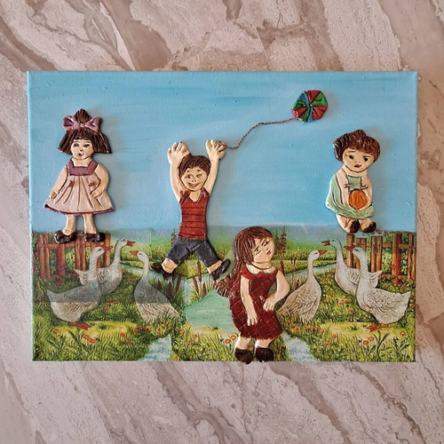 Handmade mixed media painting "A Piece of Childhood Memory" new