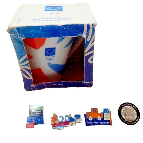 Athens 2004 Olympic Games mug and sponsor and mascot pins new
