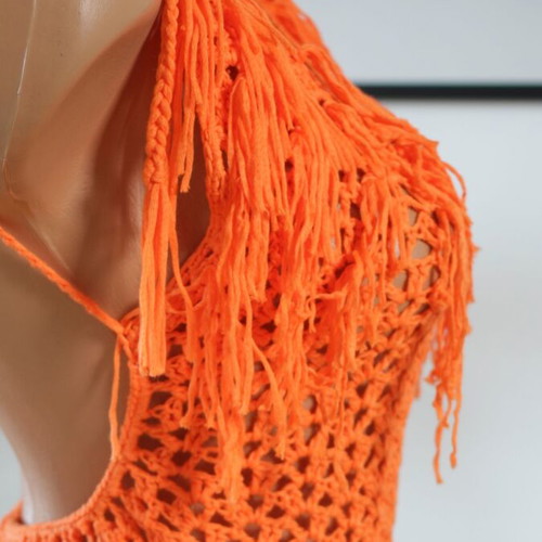 Beachwear one-piece orange new with braided pattern and tassels