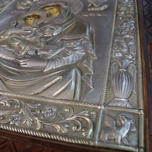 Byzantine icon Panagia ton Angelon with silver 950 and carved wooden frame, new