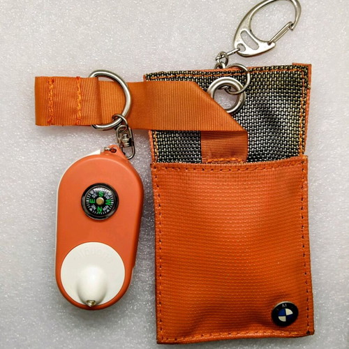 Orange BMW keychain with compass, magnifier, led and key case new