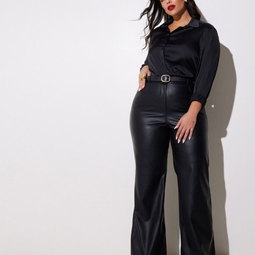 Black faux leather pants with button and elastic waist, size 3