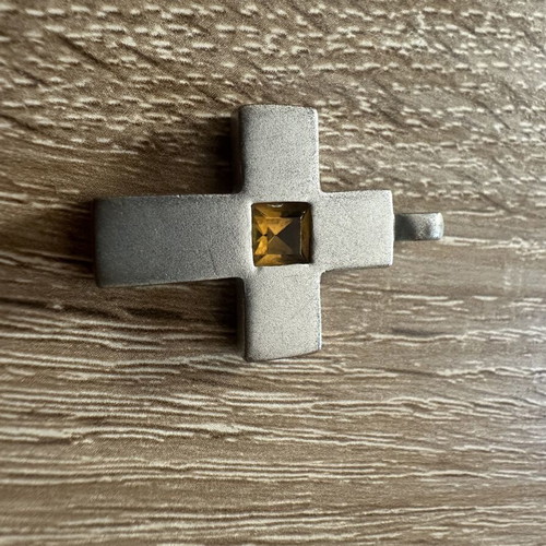 Vintage cross pendant with yellow stone, retro style