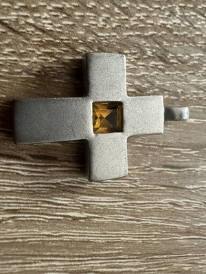 Vintage cross pendant with yellow stone, retro style