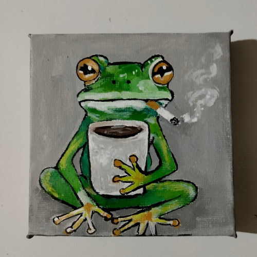 Set of 2 Handmade Surreal Frog and Smoking Giraffe Paintings