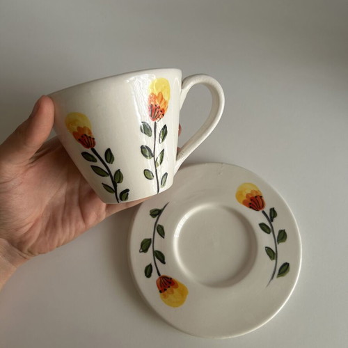 Handmade ceramic cup with saucer like new, handpainted