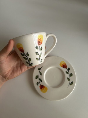 Handmade ceramic cup with saucer like new, handpainted