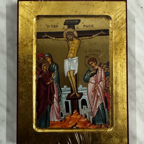 Byzantine Crucifixion icon like new, wood with gold leaf