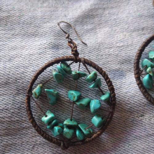 Handmade earrings unused with turquoise beads and woven design