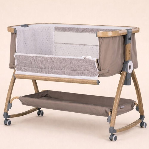 Chipolino gray baby cot used with Grecostrom mattress and mosquito net