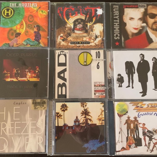 Set of 9 used CDs with Deep Purple, Eagles, Eurythmics, Bad Company, Stranglers, ZZ Top, Hooters, Cult