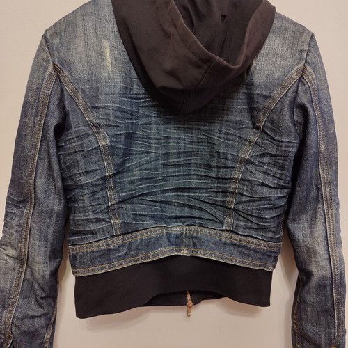 Fracomina women's crop denim jacket with hood used, blue