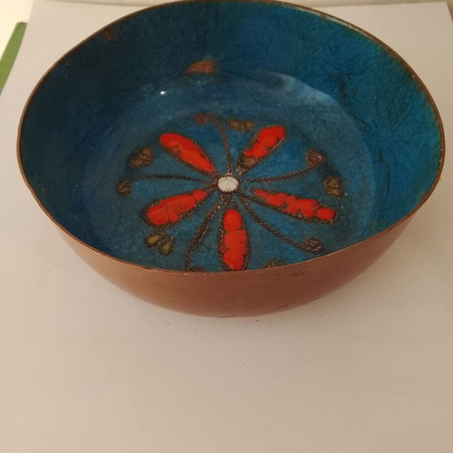 Vintage handmade brass bowl with enamel decoration used
