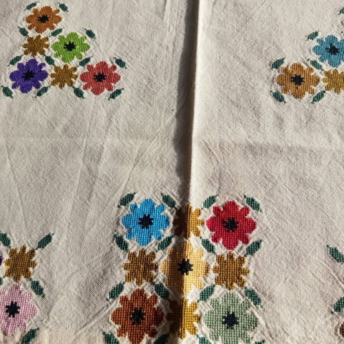 Vintage handmade tablecloth with colorful embroidered flowers like new