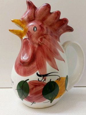 Handmade ceramic rooster pitcher used, colorful handpainted