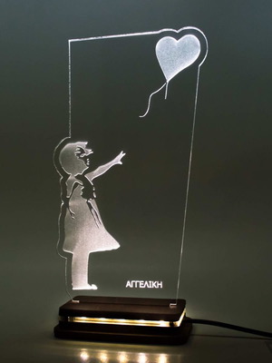 LED lamp "Banksy Girl With Balloon" new with wooden base and plexiglass
