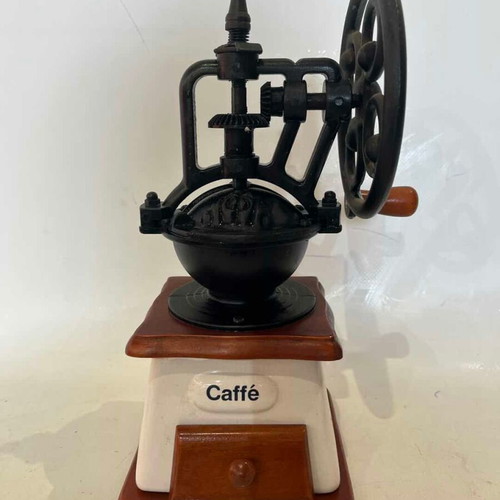 Vintage manual coffee grinder used, porcelain, wood base, cast iron