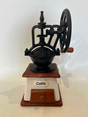 Vintage manual coffee grinder used, porcelain, wood base, cast iron