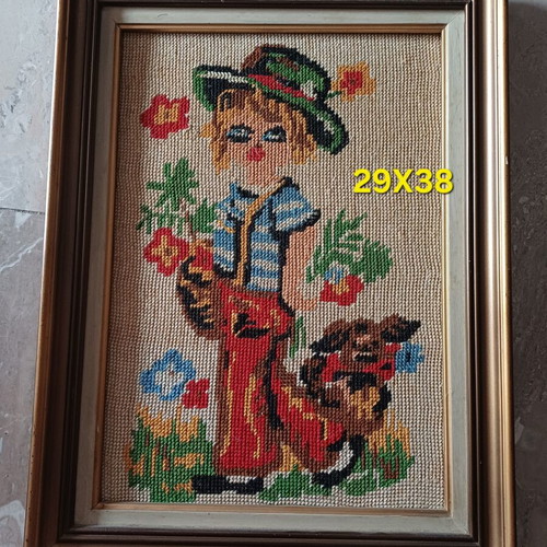 Vintage handmade embroidery set of 3 with wooden frames