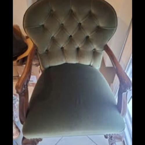 Classic vintage armchair solid walnut wood, velvet upholstery, olive green
