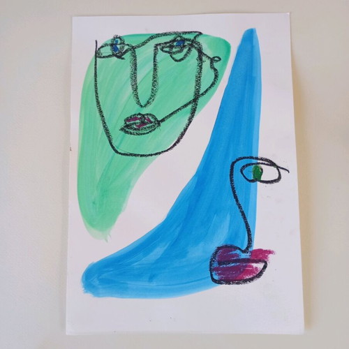 One line faces acrylic and oil pastel on A4 watercolor paper like new
