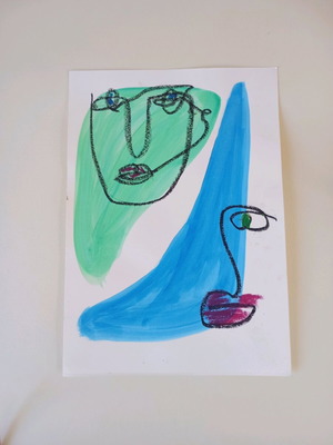One line faces acrylic and oil pastel on A4 watercolor paper like new