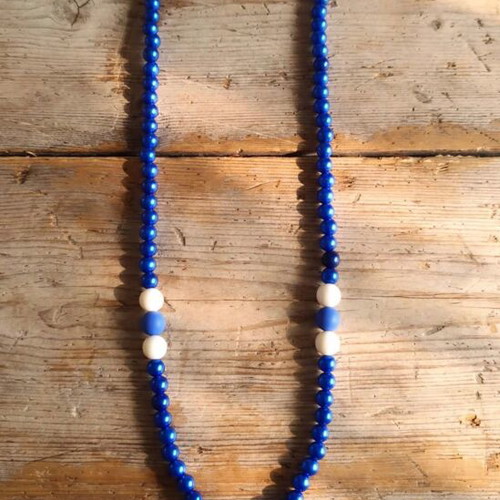 Handmade, blue white beaded long necklace and earings