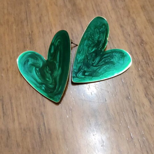 Large heart earrings with green enamel new