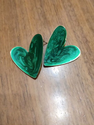 Large heart earrings with green enamel new