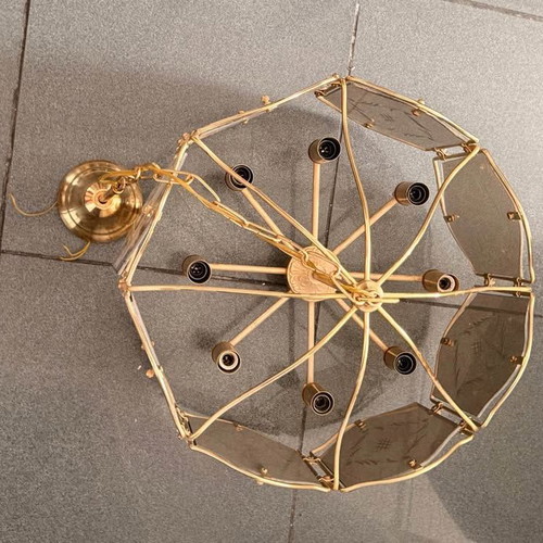 Bronze ceiling light with 8 bulbs like new, hand-engraved glass