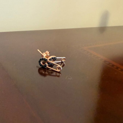 Silver safety pin earrings new with rose gold plating and black zircon