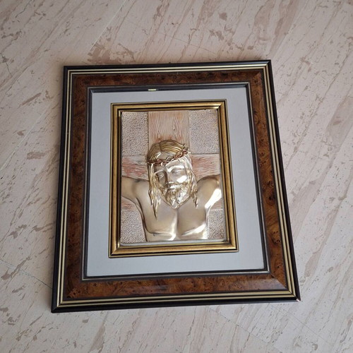 Religious icon The Crucifixion of Christ with 925 silver and gold details like new