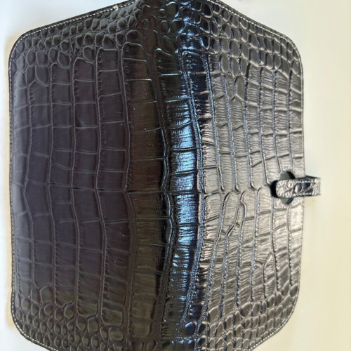 Large black leather Dogon-style wallet with strap and croco texture