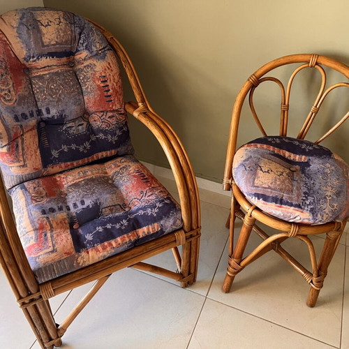 Bamboo furniture set with cushions, vintage boho style